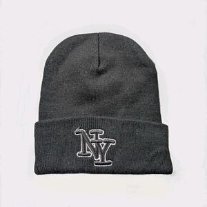 NY New York Beanie Black Knit Hat Cuffed Streetwear Embroidered Logo New